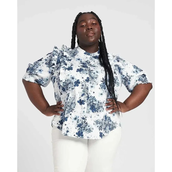 ERDEM X UNIVERSAL STANDARD Size M Kalina Short Sleeve Blue Floral Ruffle Top - Picture 1 of 9
